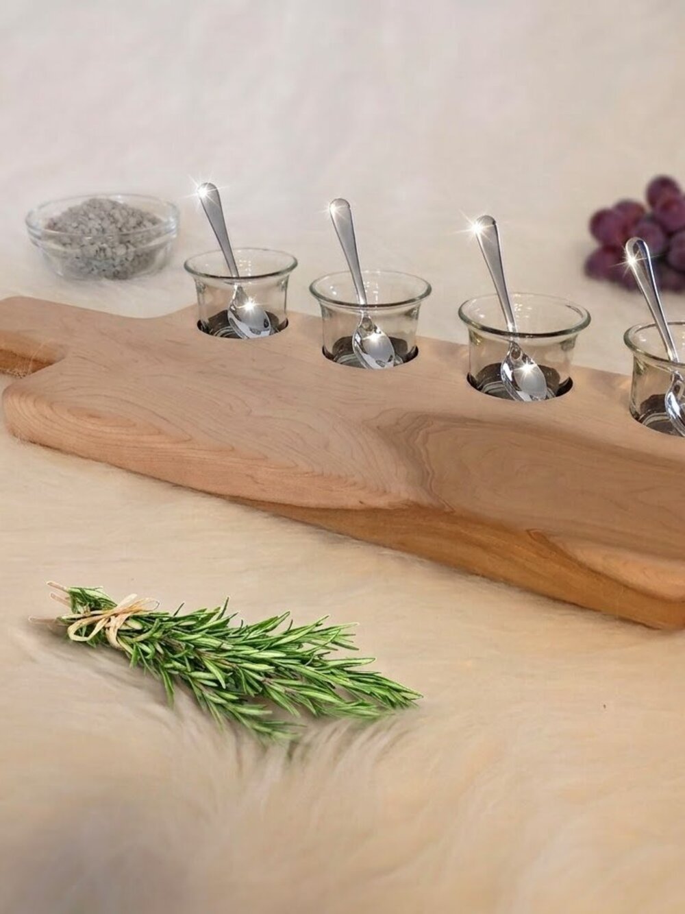 Handcrafted Solid Hard Maple Serving Board & 4 Condiment Flight Cups Set
